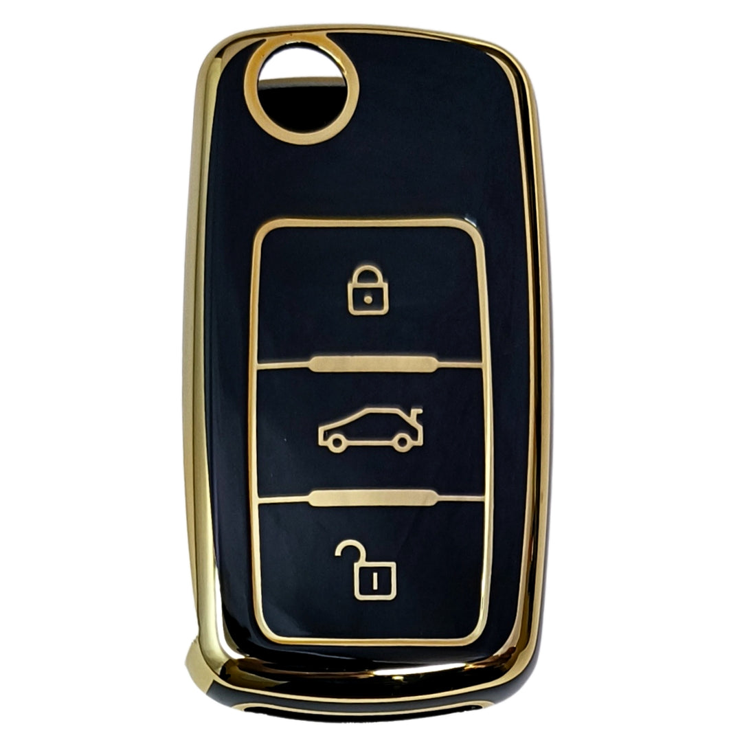 skoda octavia laura fabia 3 button flip key tpu black gold key cover accessories