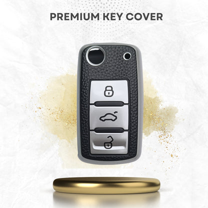 Leather Key Cover Compatible with Skoda/Volkswagen Polo | Vento | Ameo | Passat | Rapid | Laura | Superb | Octavia | Fabia | Yeti 3 Button Flip Key with Keychain 1