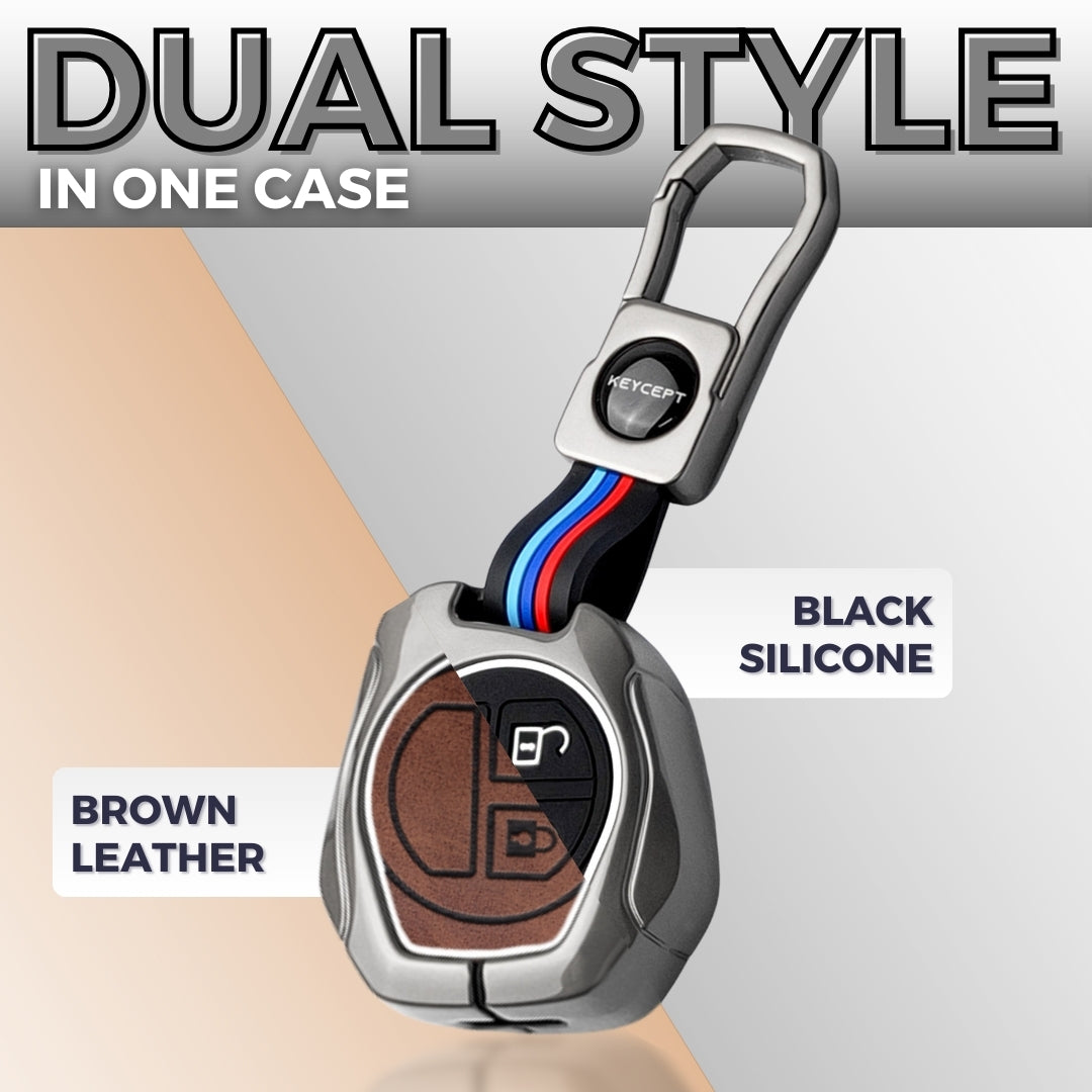 Keycept Metal Alloy Car Key Cover for Suzuki Swift, Dzire, Ertiga, Baleno, Celerio, WagonR, Ritz, Brezza, Scross, Alto, Fronx, XL6, Ciaz, Grand Vitara, Jimny, Alto K10, S Presso, WangoR, Ignis with Keychain (Dual Black & Tan)