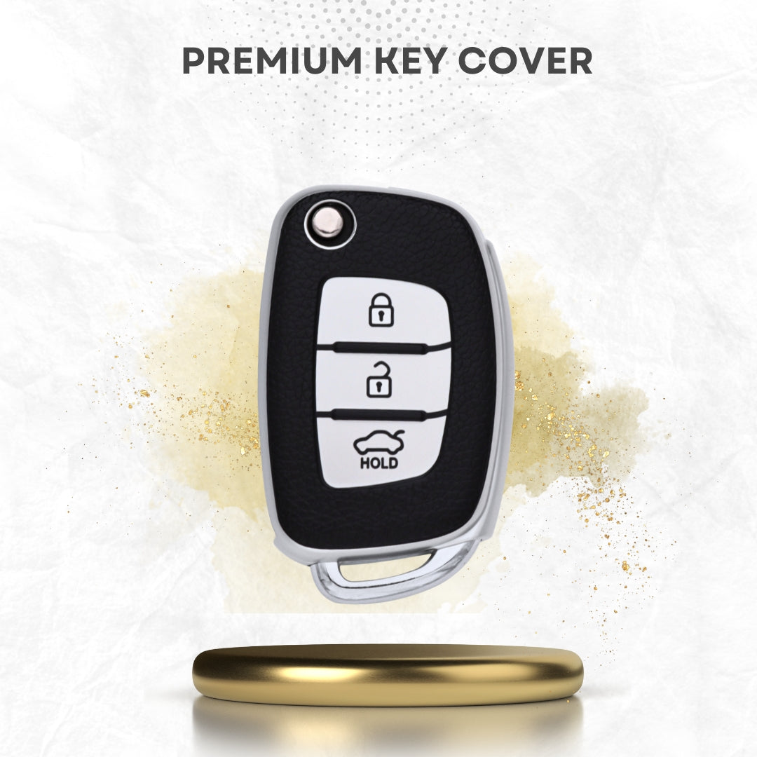 TPU Leather Key Cover For Hyundai Creta, Venue, Aura, i20, Grand i10 Nios, Xcent 3 Button Flip Key With Keychain.