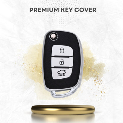 TPU Leather Key Cover For Hyundai Creta, Venue, Aura, i20, Grand i10 Nios, Xcent 3 Button Flip Key With Keychain.
