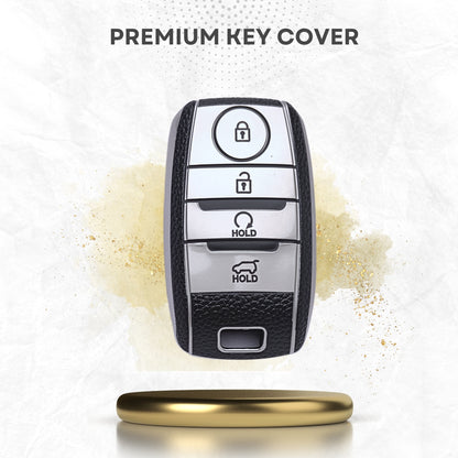 Leather Key Cover Compatible For Kia Seltos, Sonet, Carnival, Carens 4 Button Smart key with keychain 1 (Hold Down)