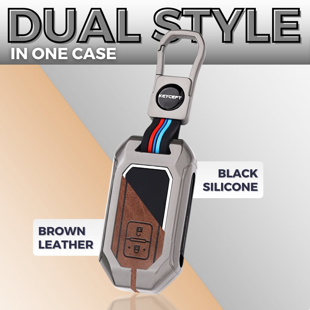 Keycept Metal Alloy Car Key Cover for Suzuki Swift, Dzire, Ertiga, Baleno, Celerio, WagonR, Brezza, Fronx, Grand Vitara, Jimny, Ignis, Toyota Glanza, Urban Cruiser hyryder Smart Key Cover with Keychain (Dual Black & Tan)