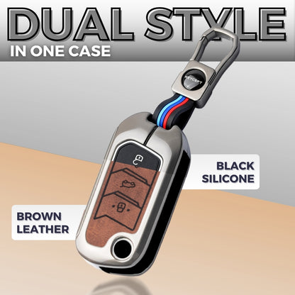 Keycept Metal Alloy Car Key Cover Compatible with Mahindra Scorpio, XUV 300, Marazzo, 3XO, XUV 400 EV, Bolero, Thar, TUV, Thar Roxx - 3 Button Flip Key Cover (Black And Tan)