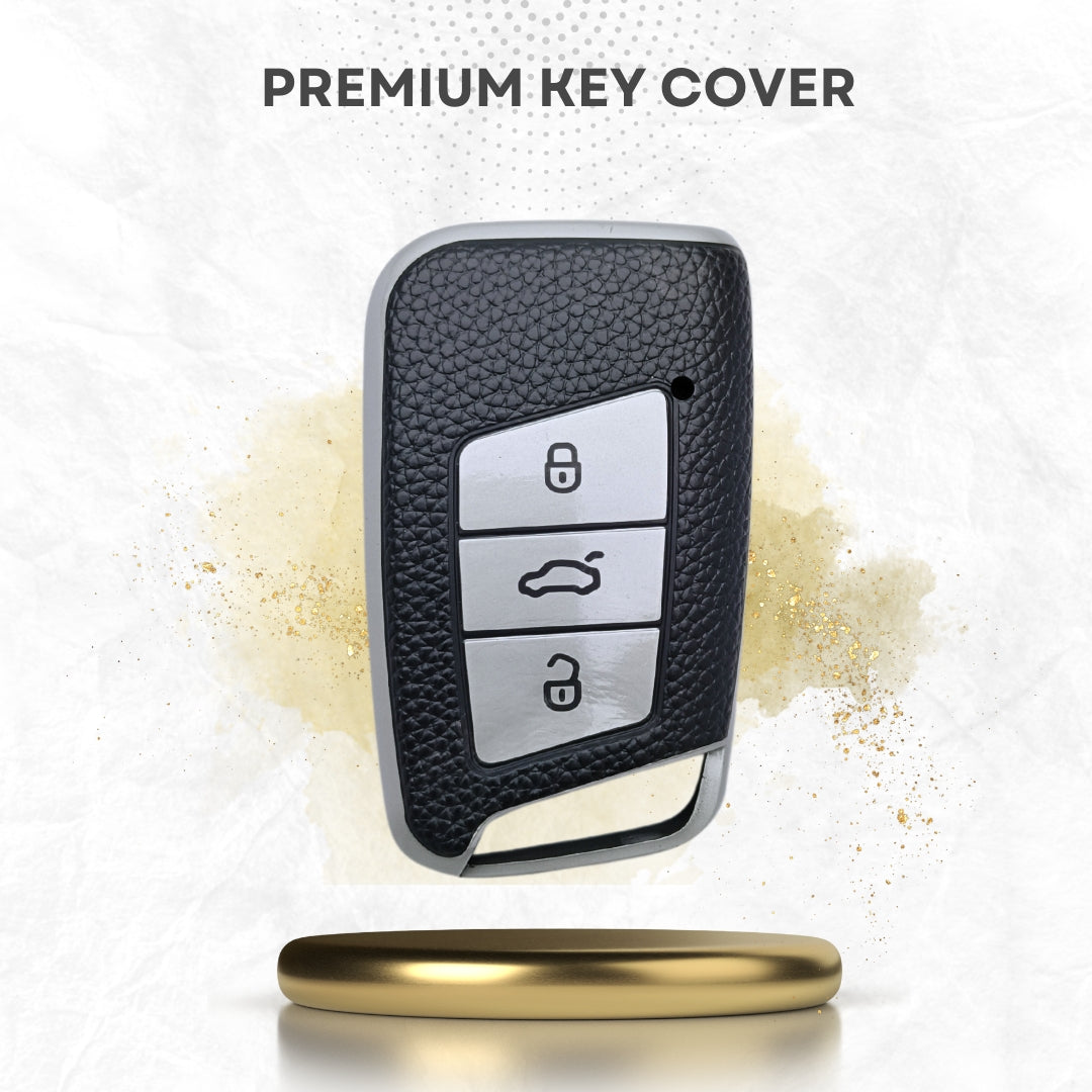 Leather Keycover Compatible with Skoda |Volkswagen Kushaq | Kodiaq 3 Button Smart Key with Keychain 1