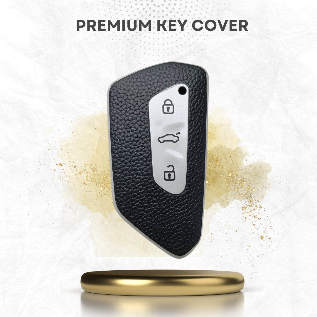 Leather Key Cover Compatible for Skoda/ Volkswagen| Octavia | Virtus 2021 3 button Smart Key with Keychain 1