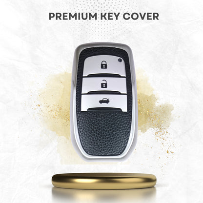 Leather Key Cover Comapatible for Toyota Innova | Crysta | Fortuner 3 Button Smart Key with Keychain 1