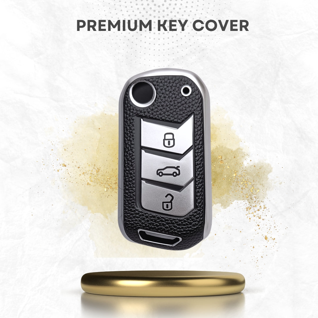 TPU Leather Key Cover for Mahindra Thar, Scorpio, TUV, Bolero, 3XO, XUV 700, Thar Roxx, Marazzo 3 Button Flip Key Cover.