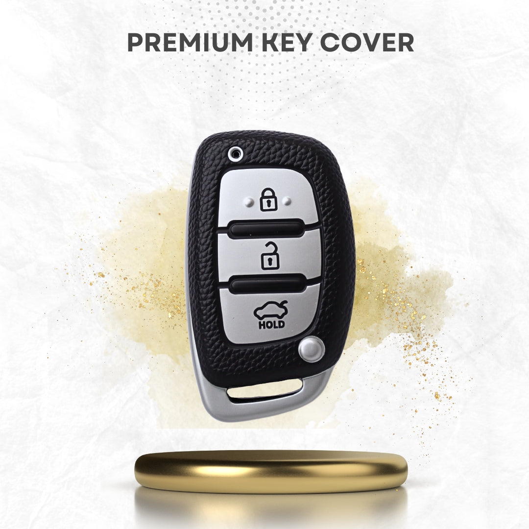 Leather Key Cover compatible for Hyundai i20 New | Venue | Nios | Aura | Creta | Elantra 3 Button Smart Key
