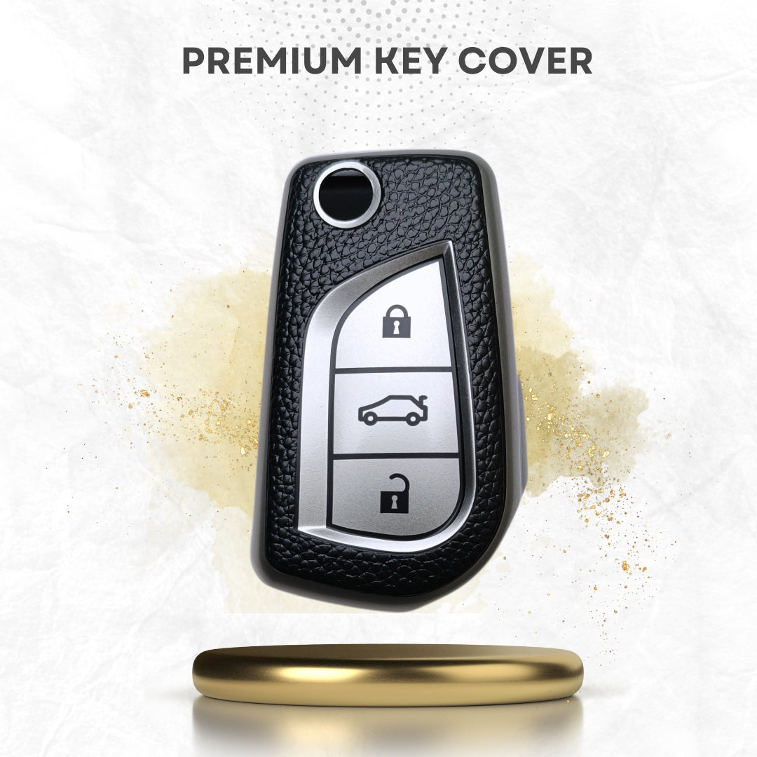 Leather Key Cover Compatible for Toyota Corolla |  Altis | Innova | Crysta 3 Button Flip Key