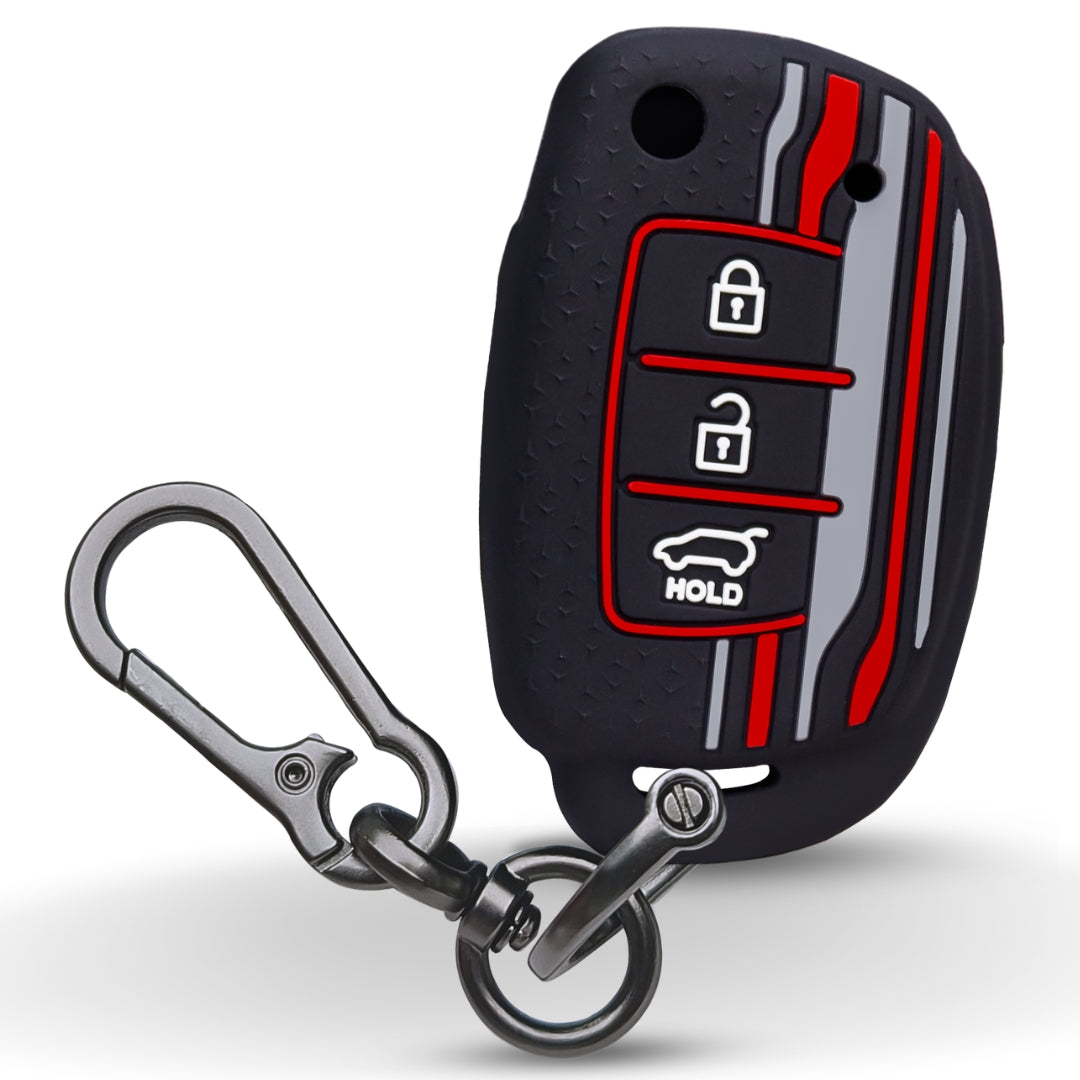 Keycept Tristar Silicone Car Key Cover for Hyundai Creta, Venue, Aura, i20, Grand i10 Nios, Xcent 3 Button Flip Key with Keychain (Type K1)