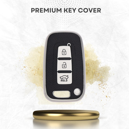 TPU Leather Key Cover For Hyundai Elantra, Old Verna, Old i20 Push Button Smart Key with Keychain.