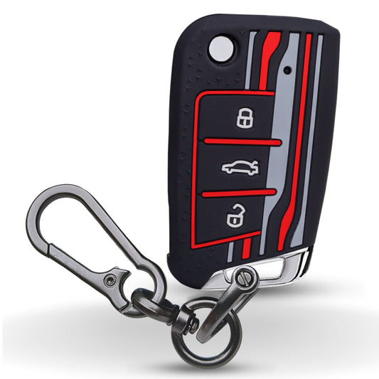 Keycept Tristar Silicone Car Key Cover for Skoda Kushaq, Octavia, Kodiaq, Superb, Slavia, Passat, Virtus, T Roc 3 Button Flip Key with Keychain (Type K1)
