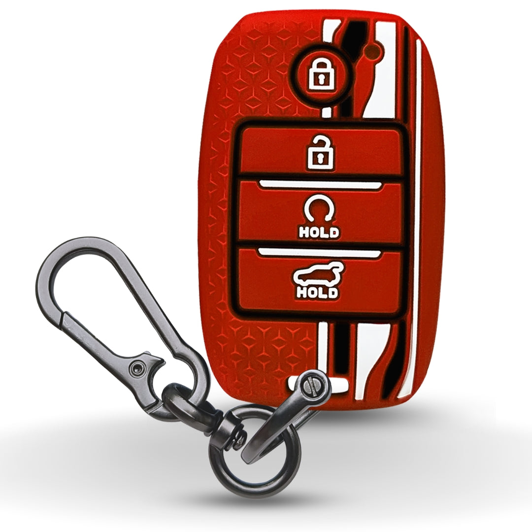 Red TriStar Silicone Key Cover for Kia Seltos, Sonet, and Carens for push start only with Keychain