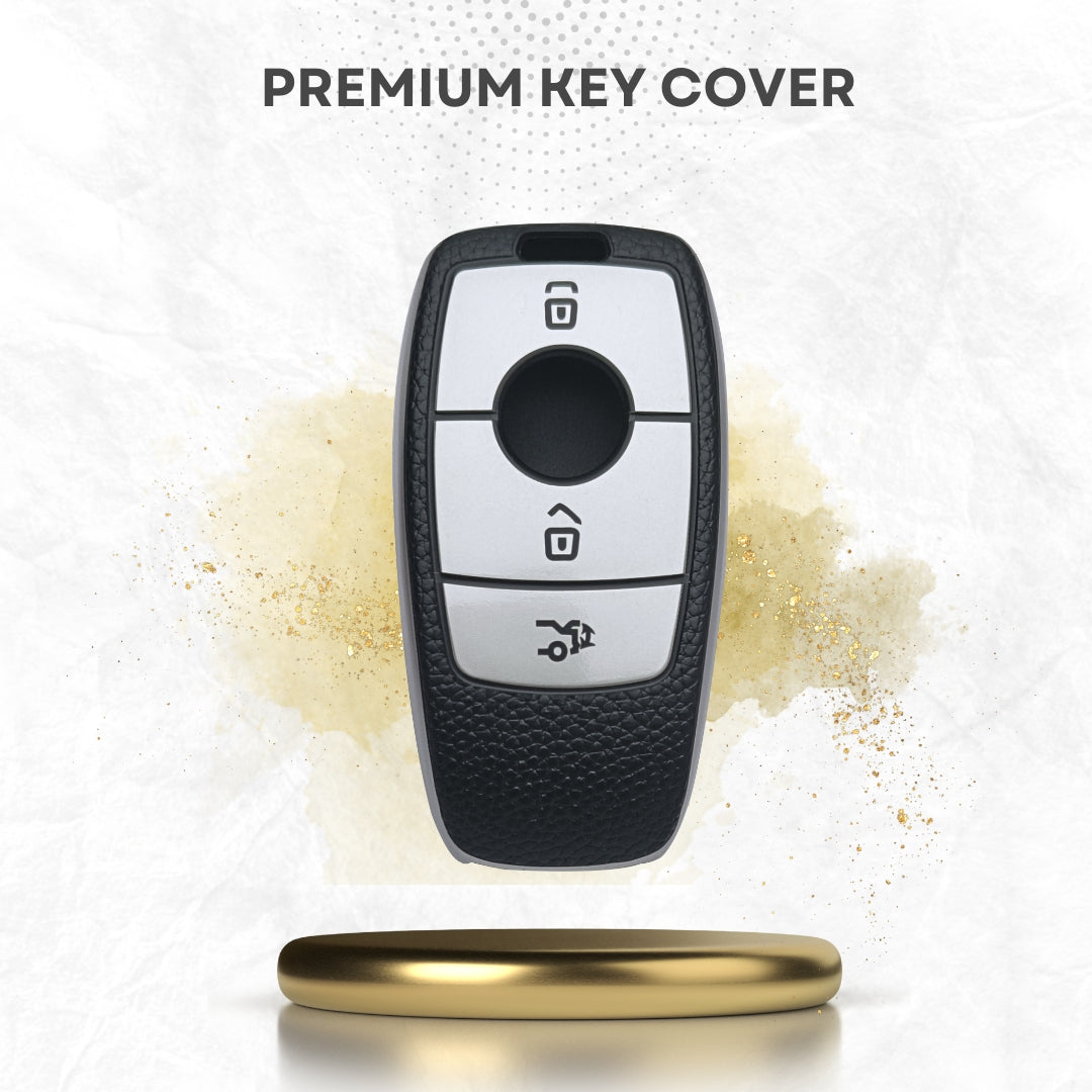 Leather Key Cover Compatible for Mercedes Benz E Series 3 Button Smart Key