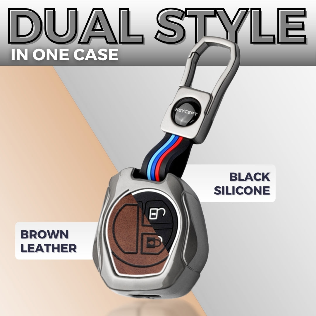 Keycept Metal Alloy Car Key Cover for Suzuki Swift, Dzire, Ertiga, Baleno, Celerio, WagonR, Ritz, Brezza, Scross, Alto, Fronx, XL6, Ciaz, Grand Vitara, Jimny, Alto K10, S Presso, WangoR, Ignis with Keychain (Dual Black & Tan)