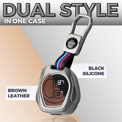 Keycept Metal Alloy Car Key Cover for Suzuki Swift, Dzire, Ertiga, Baleno, Celerio, WagonR, Ritz, Brezza, Scross, Alto, Fronx, XL6, Ciaz, Grand Vitara, Jimny, Alto K10, S Presso, WangoR, Ignis with Keychain (Dual Black & Tan)