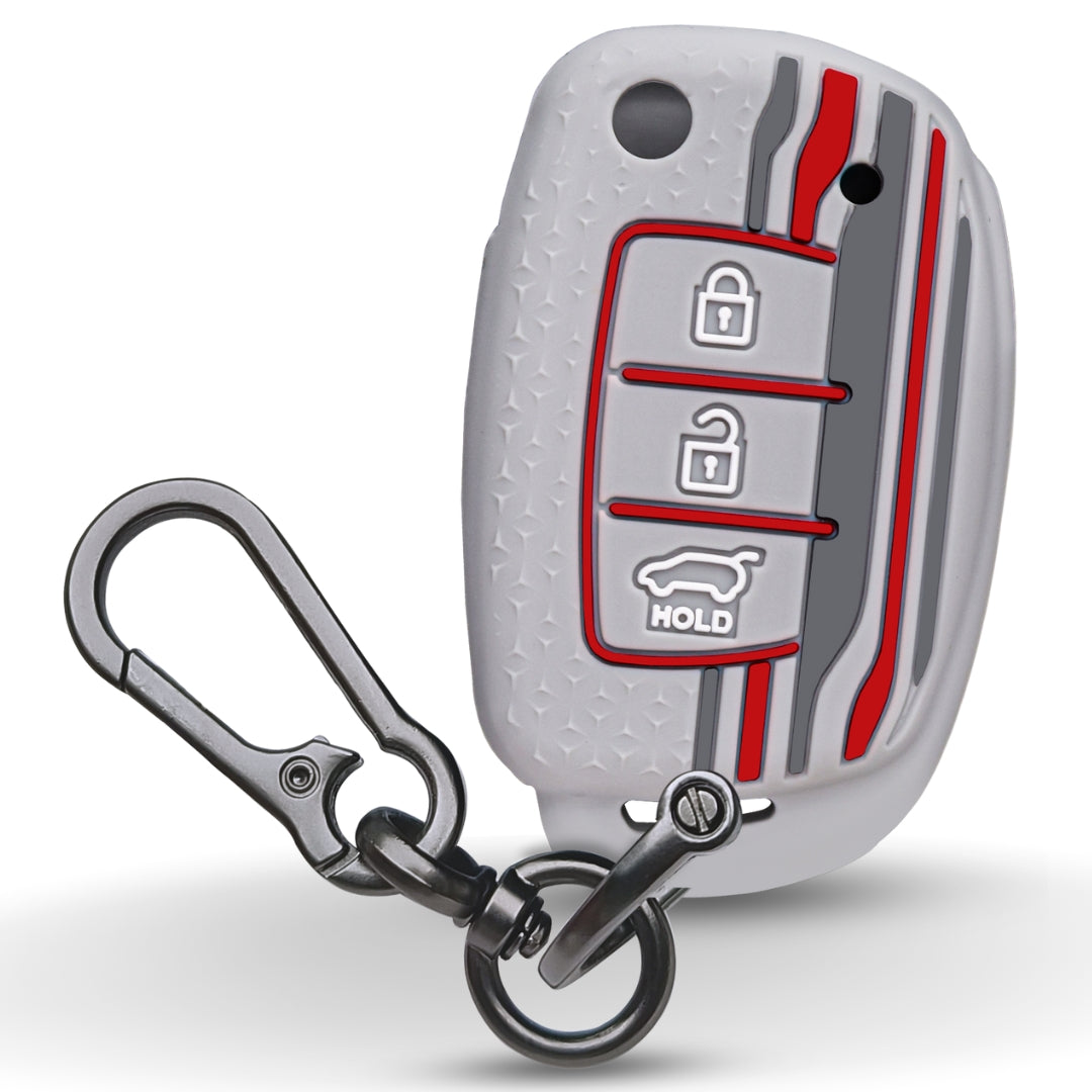 Keycept Tristar Silicone Car Key Cover for Hyundai Creta, Venue, Aura, i20, Grand i10 Nios, Xcent 3 Button Flip Key with Keychain (Type K1)