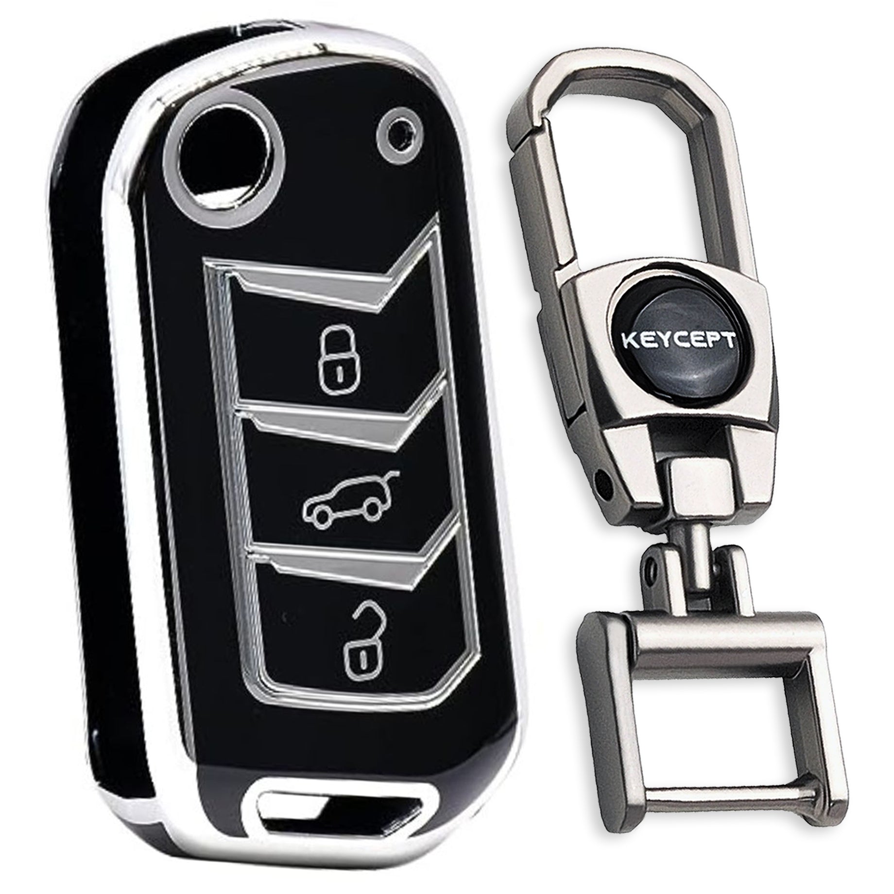 Black Silver Line TPU Car Key Cover For Mahindra Scorpio, TUV, Bolero, 3XO, Thar, Thar Roxx, XUV 700 3 Button Flip Key WIth Keychain.