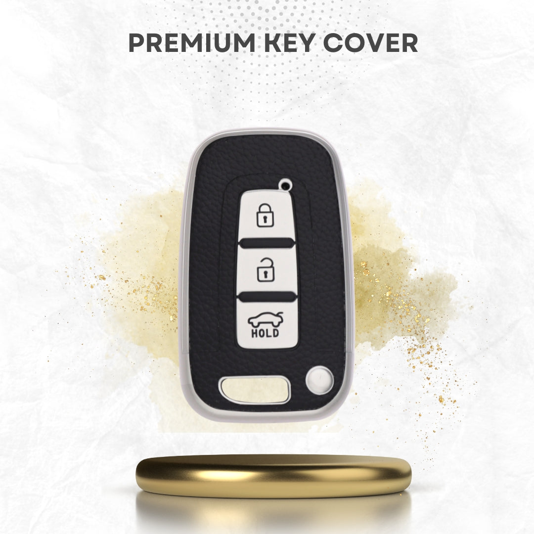 TPU Leather Key Cover For Hyundai Elantra, Old Verna, Old i20 Push Button Smart Key with Keychain.