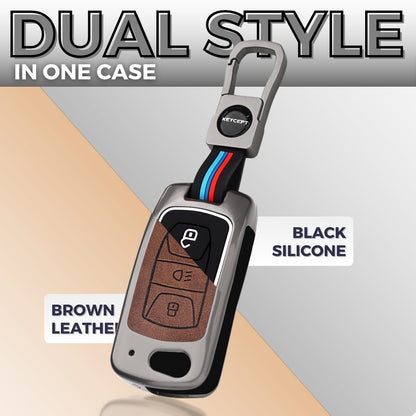 Keycept Metal Alloy Car Key Cover for Tata Tigor, Bolt, Nexon, Hexa, Zest, Tiago, Punch, Safari, Altroz, Storme 3 button Flip Key Cover with Keychain (Dual Black & Tan)