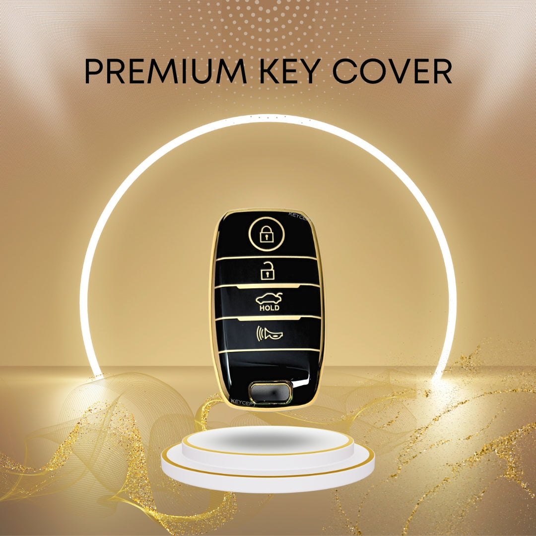 kia seltos sonet carens carnival 4 button smart tpu black gold key case keychain