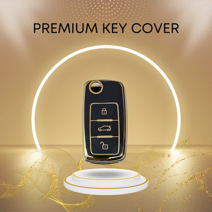 skoda octavia laura fabia 3 button flip key tpu black gold key cover keychain