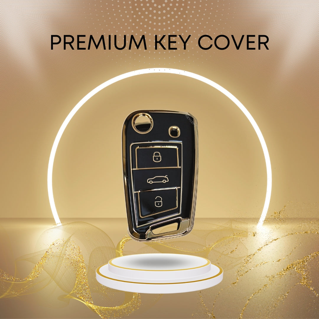 skoda kushaq octavia slavia kodiaq 3 button flip tpu  black gold key case keychain
