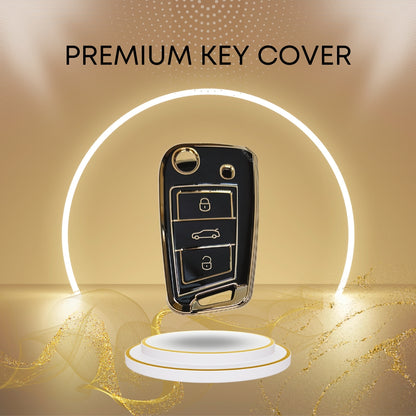 skoda kushaq octavia slavia kodiaq 3 button flip tpu  black gold key case keychain