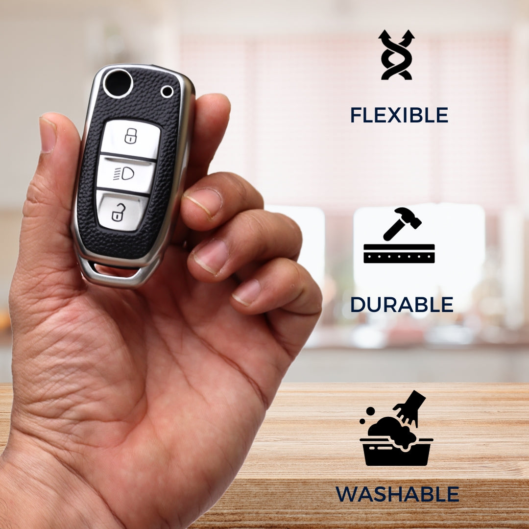 Leather Key Cover Compatible for Tata Tigor | Bolt | Nexon | Hexa | Zest | Tiago | Punch | Safari | Altroz | Storme 3 button Flip Key