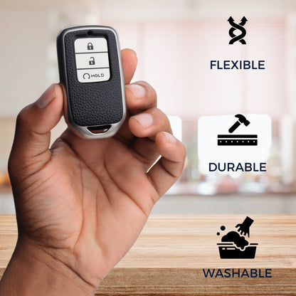 Keycept TPU Leather Car Key Cover for Honda City, Elevate, Civic, Jazz, Brio, Amaze, CR-V, WR-V, BR-V, Mobilio, Accord 3 Button Smart Key with keychain (Type K4)