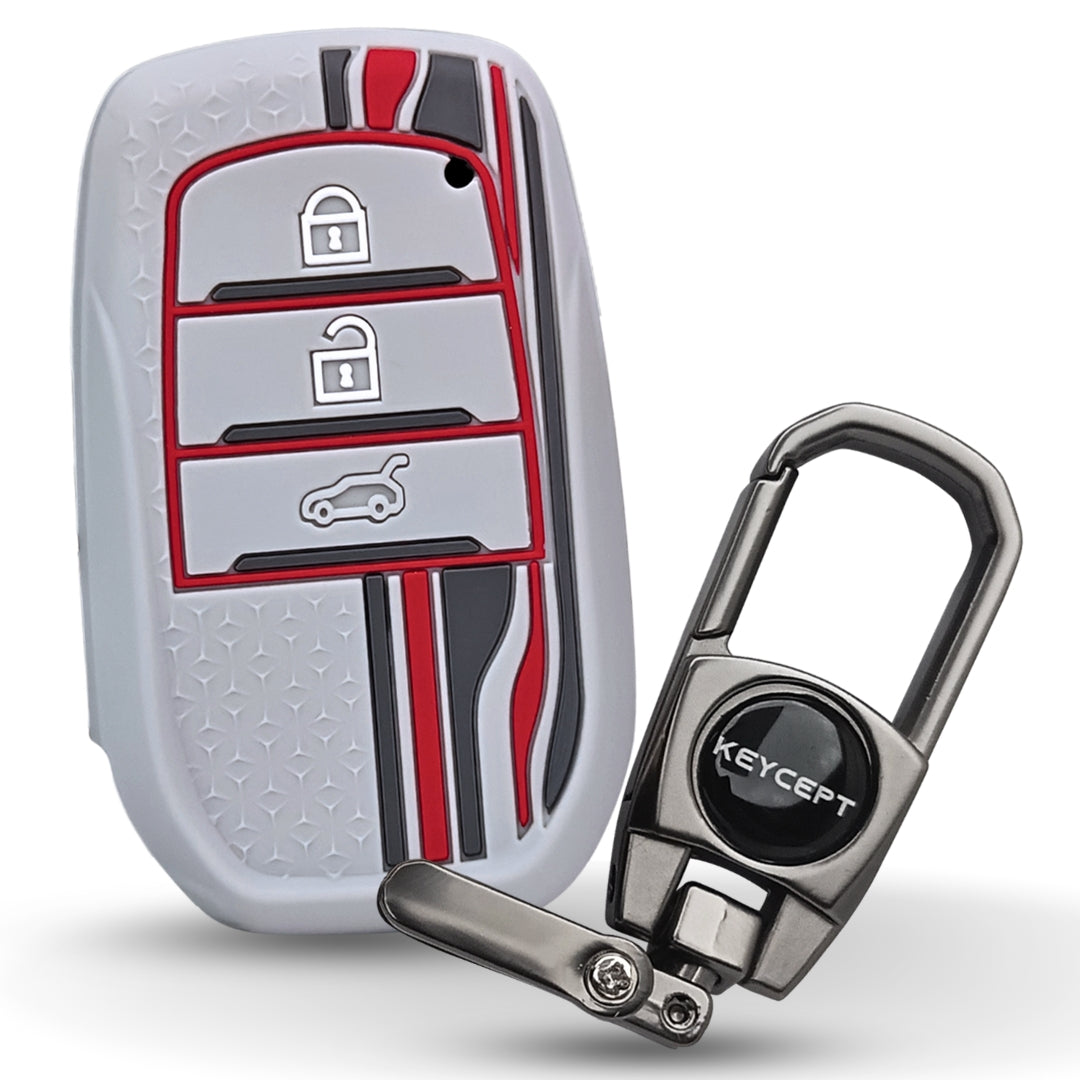 Grey TriStar Silicone Key Cover for Toyota Innova, Crysta, Hycross & Fortuner 3 Button Smart Key with Keychain