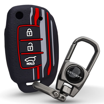 Keycept Tristar Silicone Car Key Cover for Hyundai Creta, Venue, Aura, i20, Grand i10 Nios, Xcent 3 Button Flip Key with Keychain (Type K2)