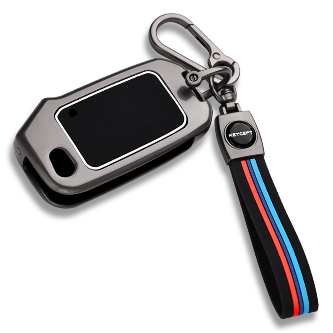 Keycept Metal Alloy Key Cover Compatible with Kia Seltos, Sonet, Carens - 3 Button Flip Key with Keychain