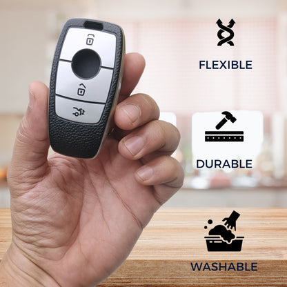 Leather Key Cover Compatible for Mercedes Benz E Series 3 Button Smart Key