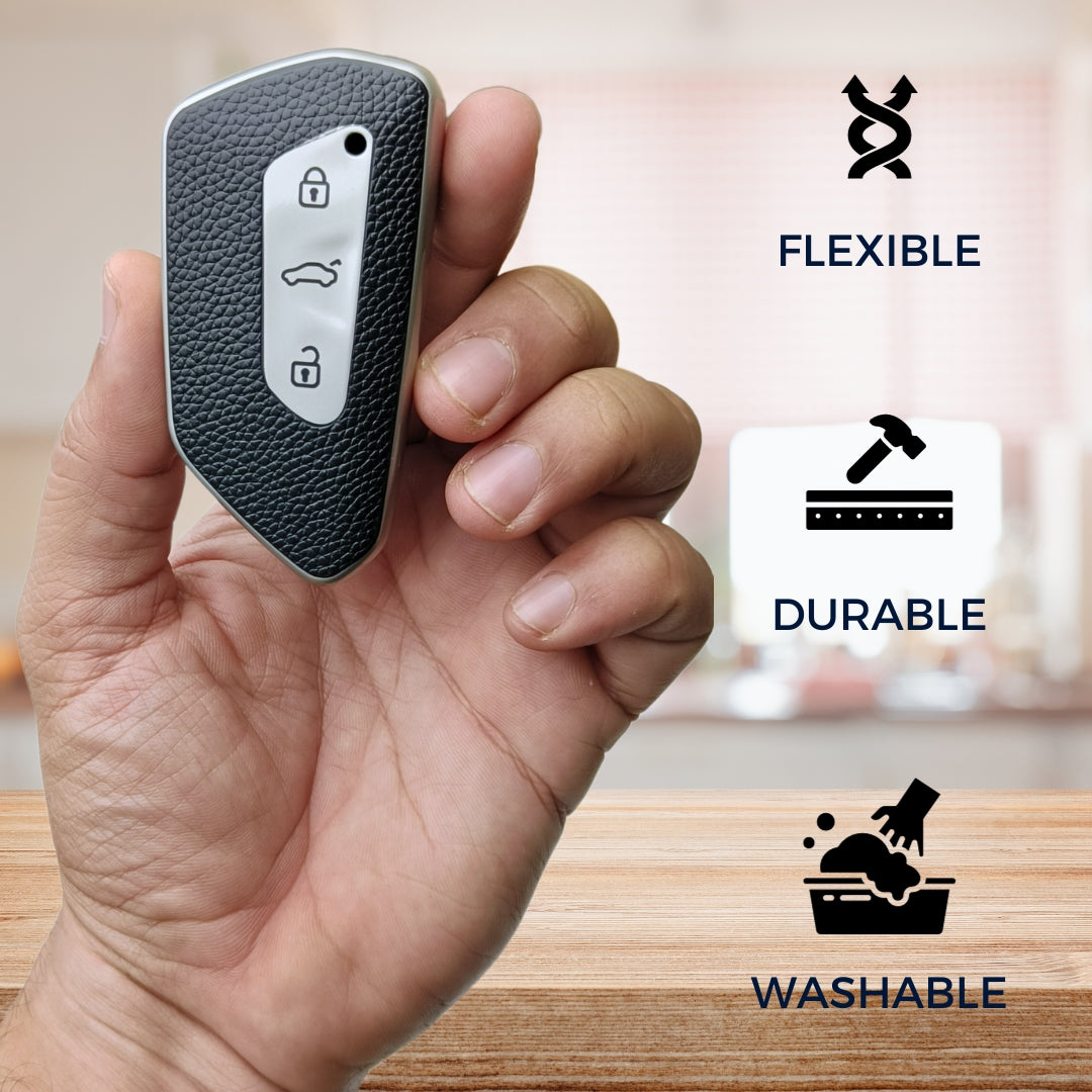 Leather Key Cover Compatible for Skoda/ Volkswagen| Octavia | Virtus 2021 3 button Smart Key