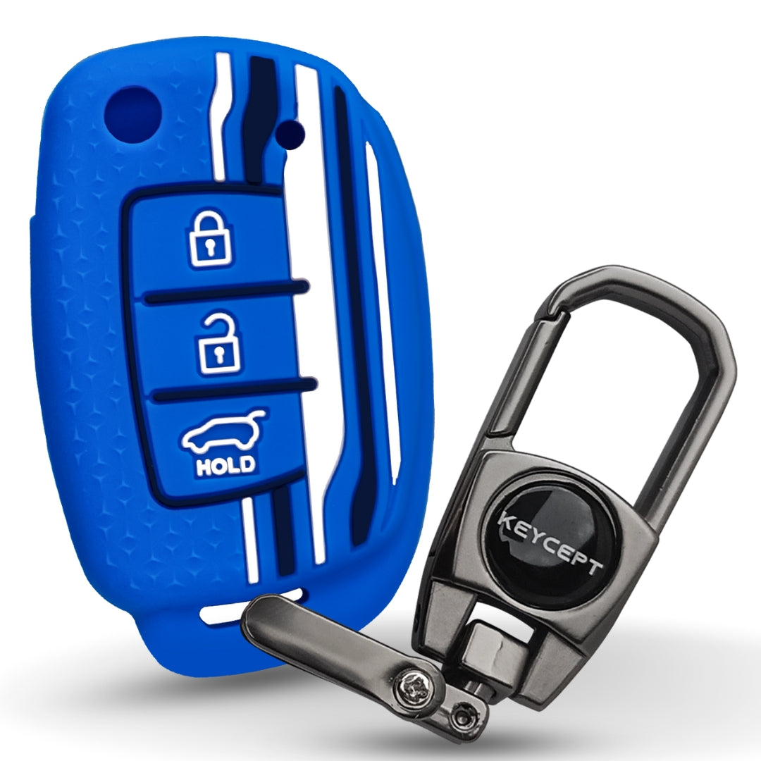 Keycept Tristar Silicone Car Key Cover for Hyundai Creta, Venue, Aura, i20, Grand i10 Nios, Xcent 3 Button Flip Key with Keychain (Type K2)