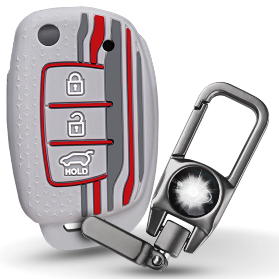 Keycept Tristar Silicone Car Key Cover for Hyundai Creta, Venue, Aura, i20, Grand i10 Nios, Xcent 3 Button Flip Key with Keychain (Type K8)