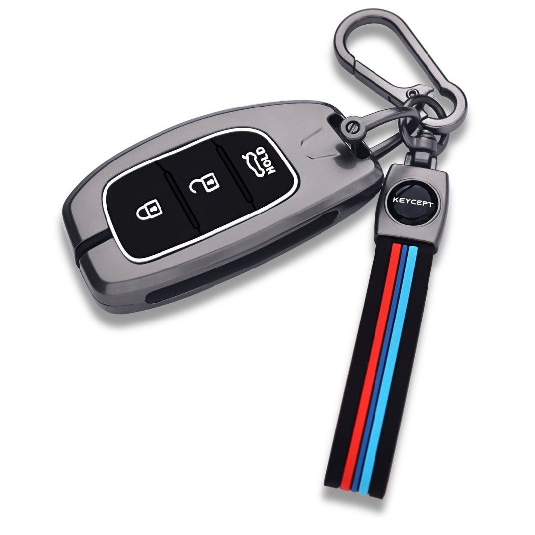 Keycept Metal Alloy Key Cover Compatible with Grand i10 NIOS Asta, Venue, i20, Aura, Creta, Elantra with - 3 Button Smart Key with Keychain