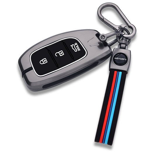 Keycept Metal Alloy Key Cover Compatible with Grand i10 NIOS Asta, Venue, i20, Aura, Creta, Elantra with - 3 Button Smart Key with Keychain