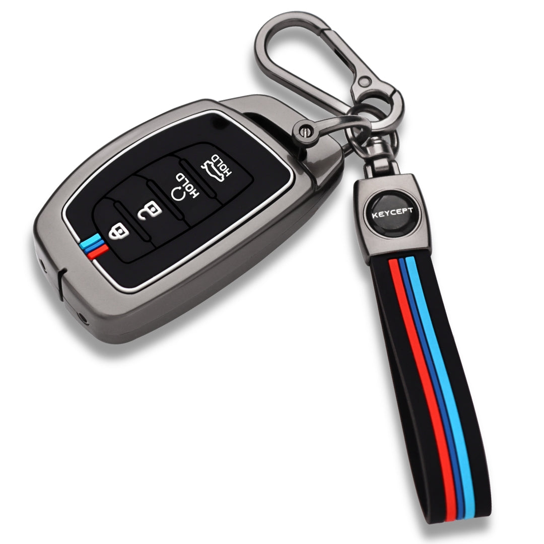 Keycept Metal Alloy Key Cover Compatible with Hyundai Alcazar, Creta, Tucson - 4 Button Smart Key Cover with Keychain