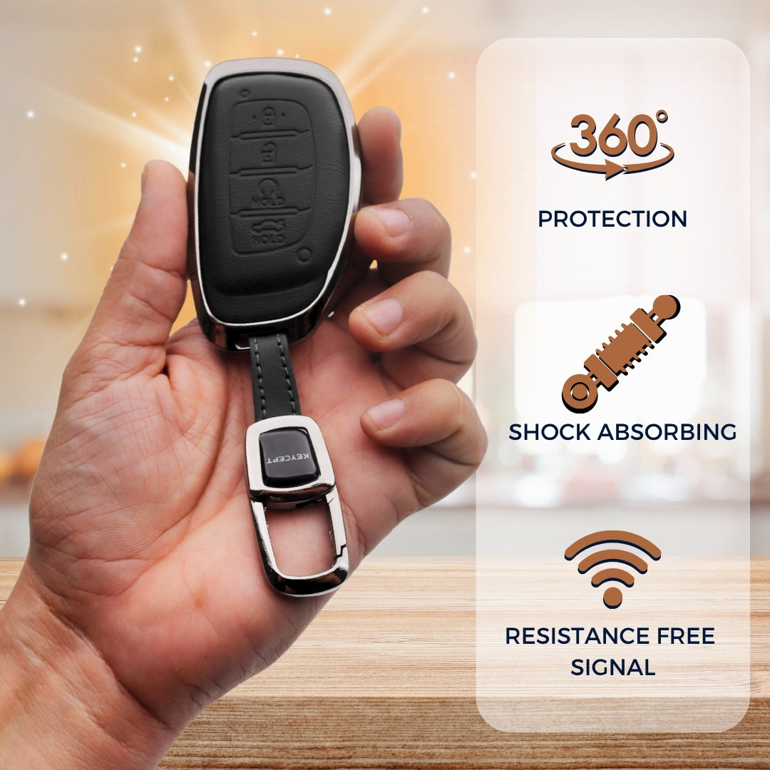 Hyundai Titanium Genuine Leather Car Key Cover with Keychain (Type M7)