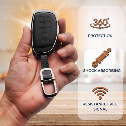 Hyundai Titanium Genuine Leather Car Key Cover with Keychain (Type M7)