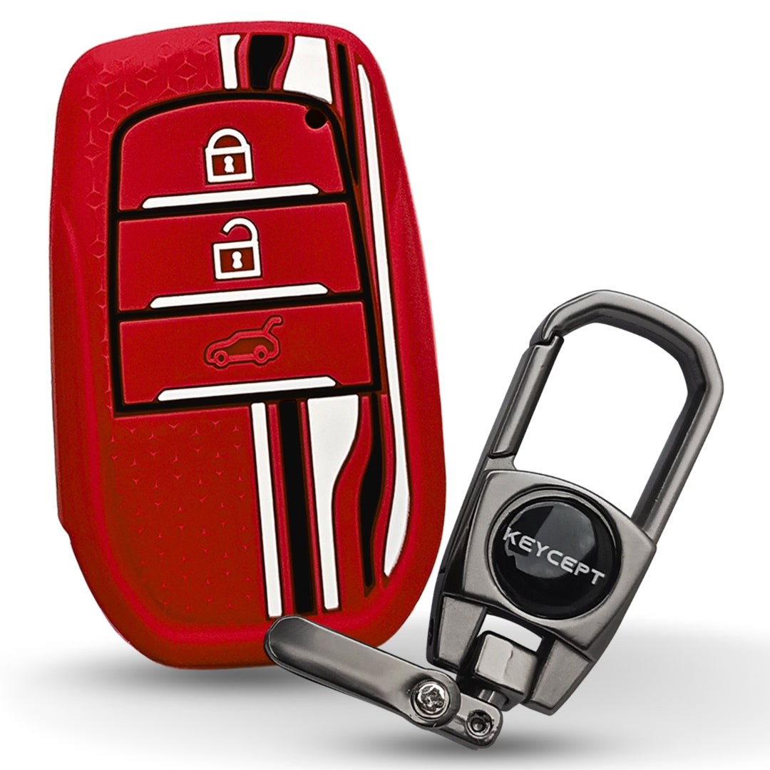 Red TriStar Silicone Key Cover for Toyota Innova, Crysta, Hycross & Fortuner 3 Button Smart Key with Keychain