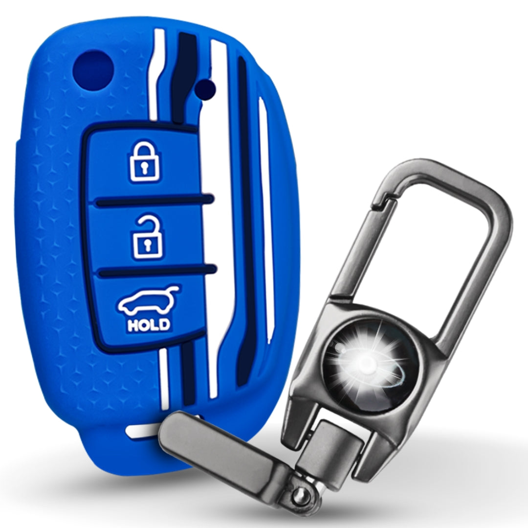 Keycept Tristar Silicone Car Key Cover for Hyundai Creta, Venue, Aura, i20, Grand i10 Nios, Xcent 3 Button Flip Key with Keychain (Type K8)