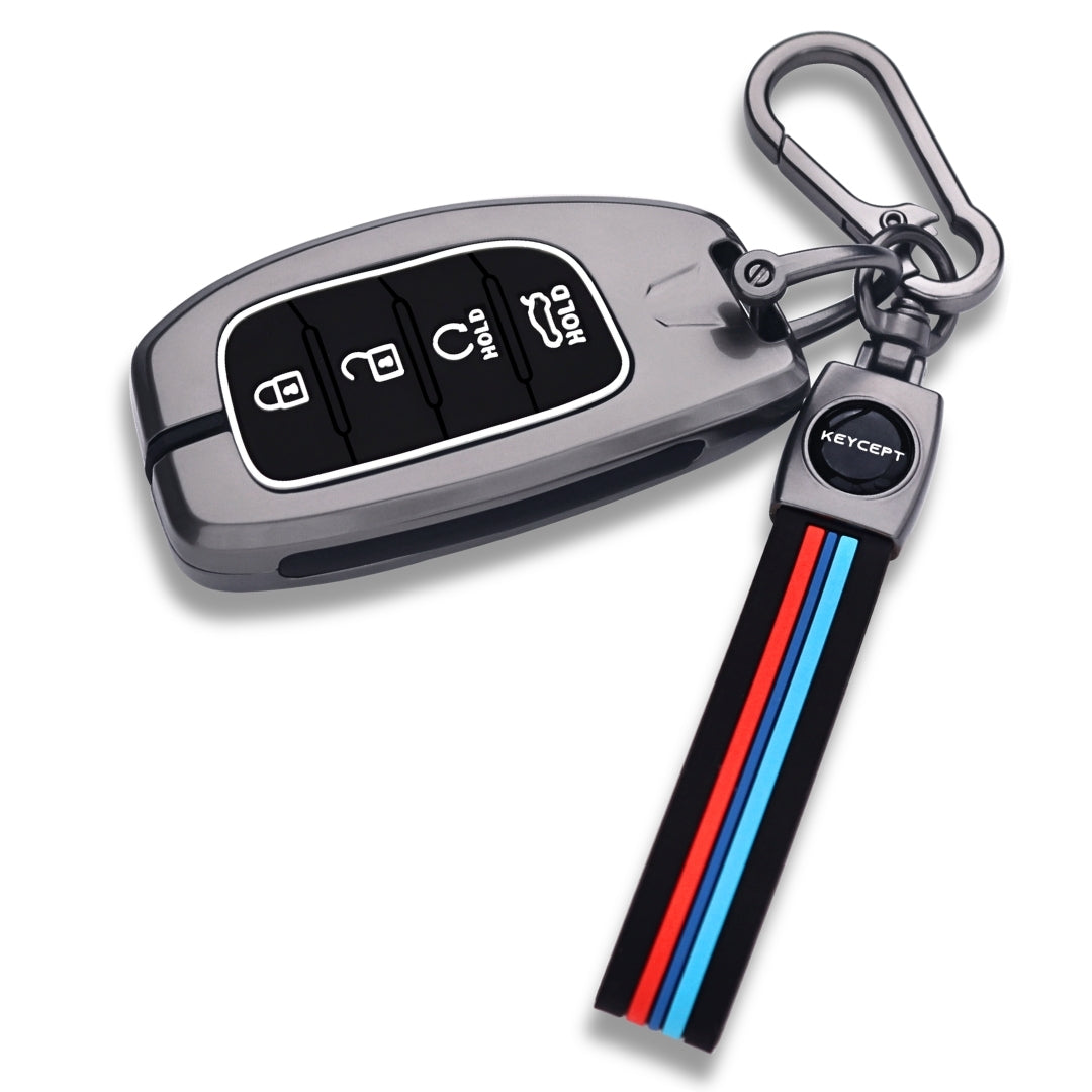 Keycept Metal Alloy Key Cover Compatible with Hyundai Alcazar, Creta, Tucson - 4 Button Smart Key Cover with Keychain