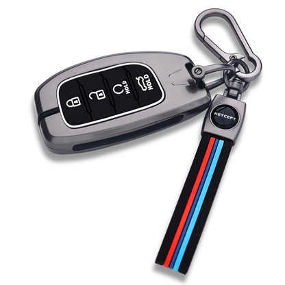 Keycept Metal Alloy Key Cover Compatible with Hyundai Alcazar, Creta, Tucson - 4 Button Smart Key Cover with Keychain