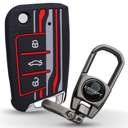 Keycept Tristar Silicone Car Key Cover for Skoda Kushaq, Octavia, Kodiaq, Superb, Slavia, Passat, Virtus, T Roc 3 Button Flip Key with Keychain (Type K2)