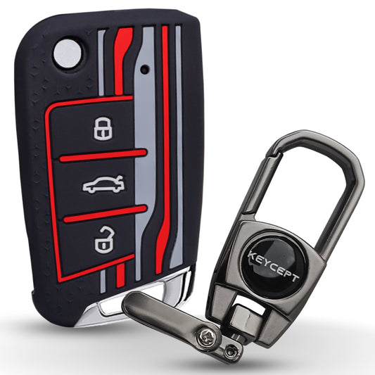 Keycept Tristar Silicone Car Key Cover for Skoda Kushaq, Octavia, Kodiaq, Superb, Slavia, Passat, Virtus, T Roc 3 Button Flip Key with Keychain (Type K2)