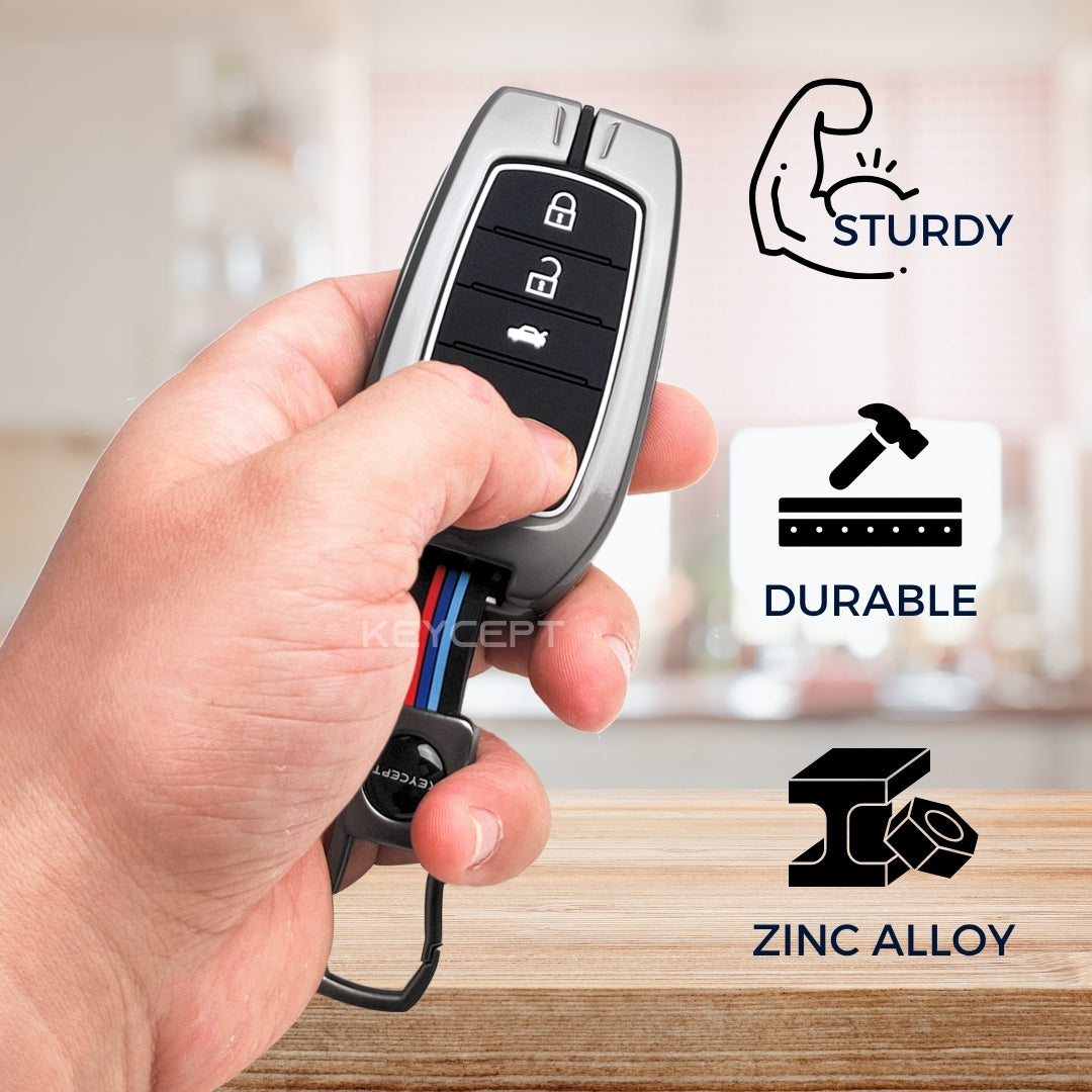 Keycept Metal Alloy Car Key Cover for Toyota Fortuner, Hilux, Innova Crysta, Legender, Innova HyCross, Land Cruiser Key Cover with Keychain (Dual Black & Tan)